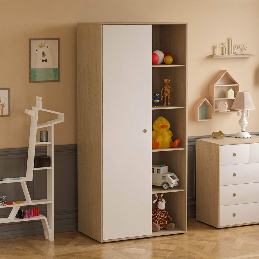 Children’s Wardrobe with Shelves & Rail, White Oak Kids Storage Cabinet
