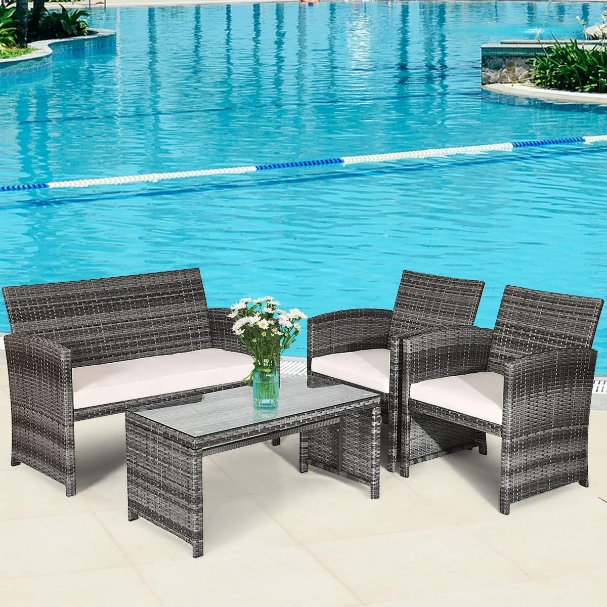 4 Seater Outdoor Rattan Sofa Set with Glass Table Patio Garden Conversation