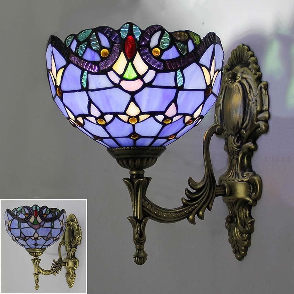 Vintage Wall Lamp with Blue Stained Glass Shade – 28cm Retro Light Fixture
