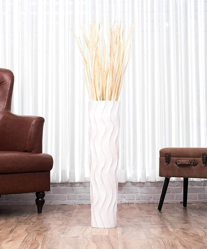 Large White Floor Vase 65cm Tall Wooden Decorative Vase for Pampas Grass