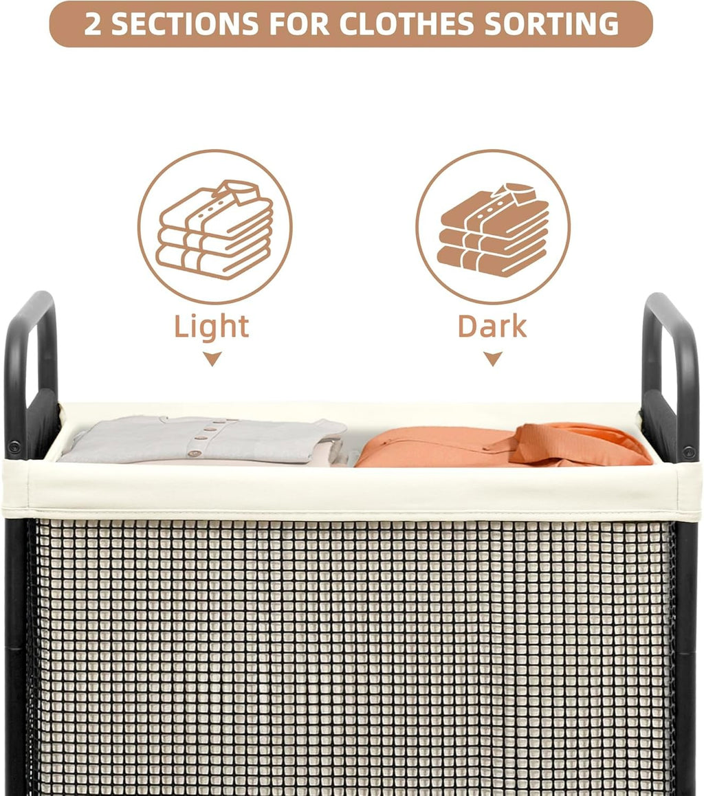 100L 2-Section Rolling Laundry Hamper | Removable Bags | Beige Laundry Cart Whee