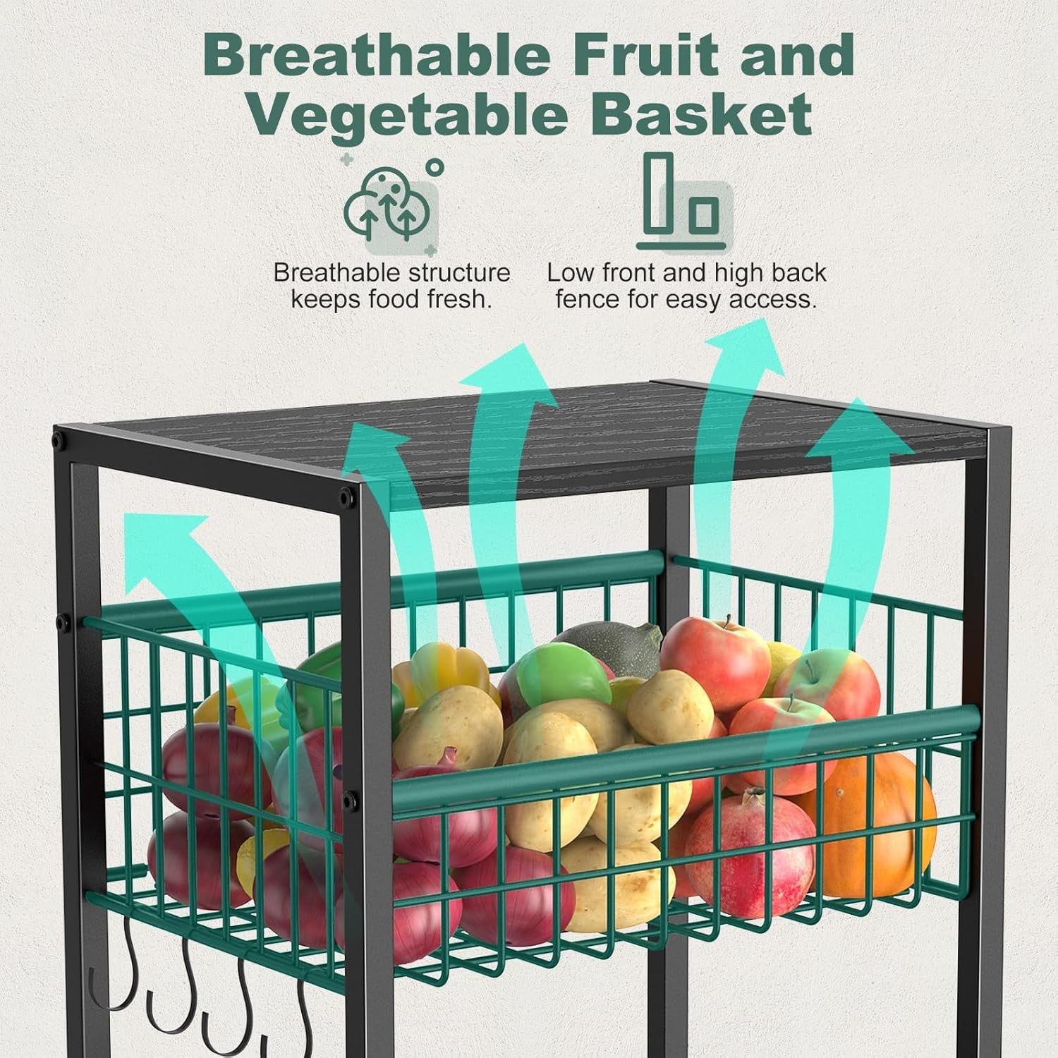 5 Tier Kitchen Rolling Cart Storage Rack with Fruit Basket & Wooden Top