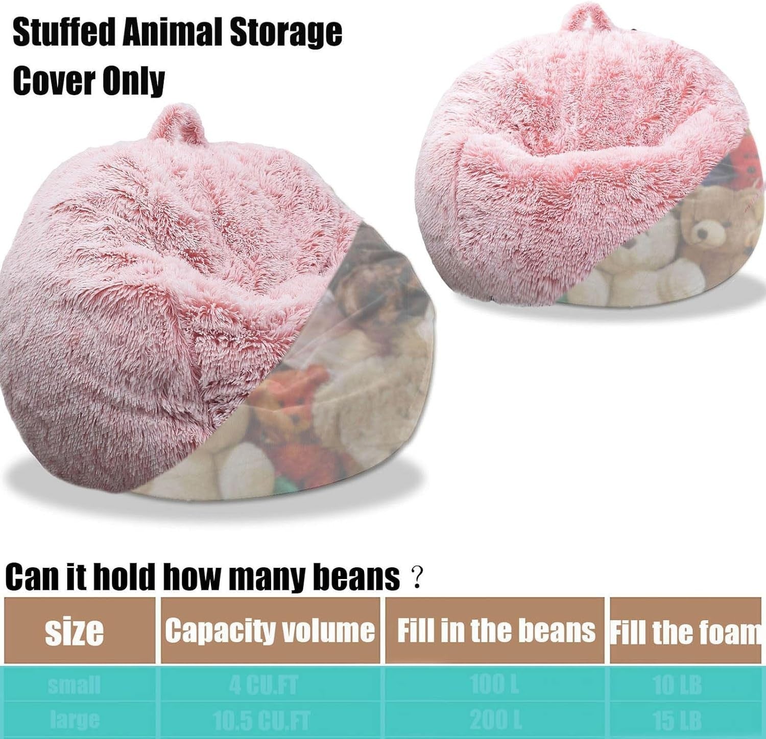 Plush Fluffy Bean Bag Cover for Stuffed Toys Storage Kids Teens Adults Pink