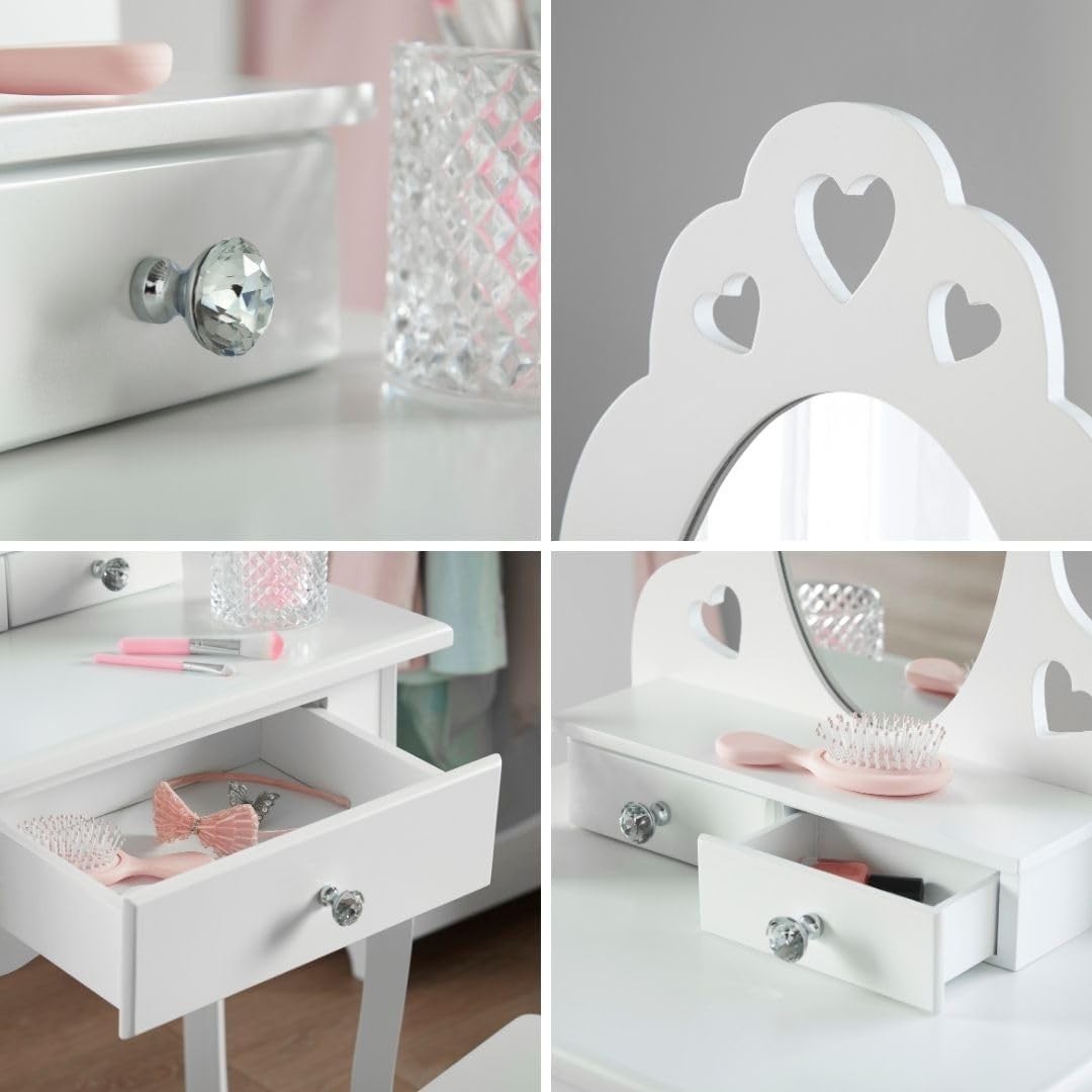 Kids White Wooden Dressing Table Set with Mirror & Stool, 3 Drawers, Child Vanit