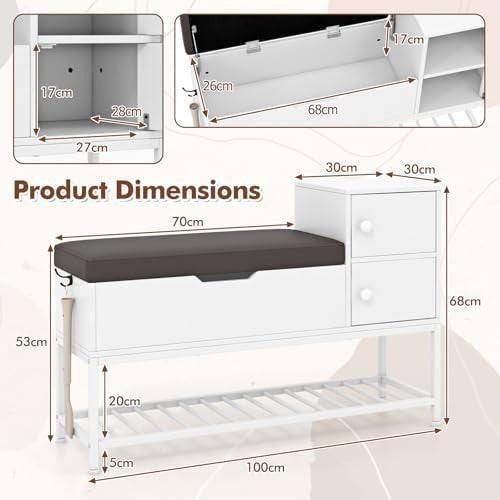White Grey Shoe Storage Bench with Cushion, Flip Chest & Cabinets Hallway Unit
