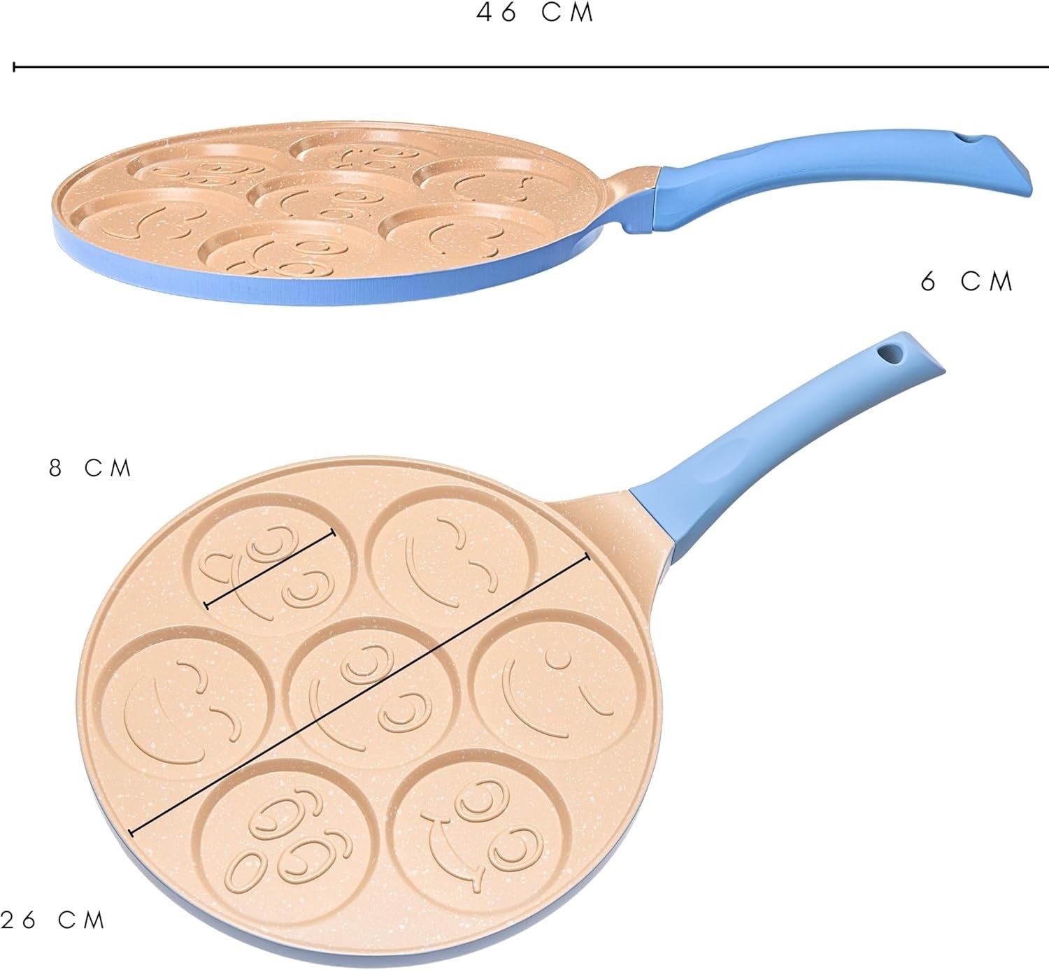 Non-Stick 7 Smiley Pancake Pan 26cm Crepe Maker Induction Safe Soft Grip Blue