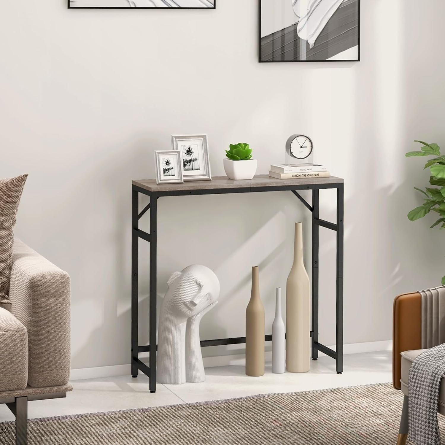 Slim Console Table with Storage Shelf & Support Bars for Entryway