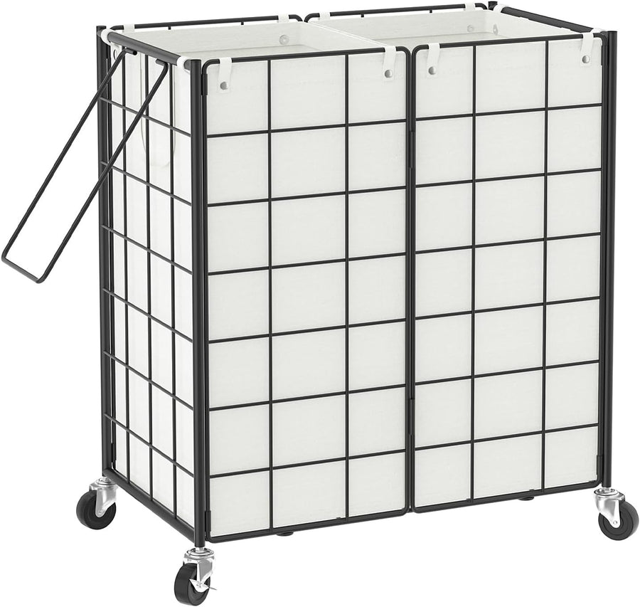 120L Double Laundry Hamper on Wheels with 2 Removable Bags Metal Rolling Basket