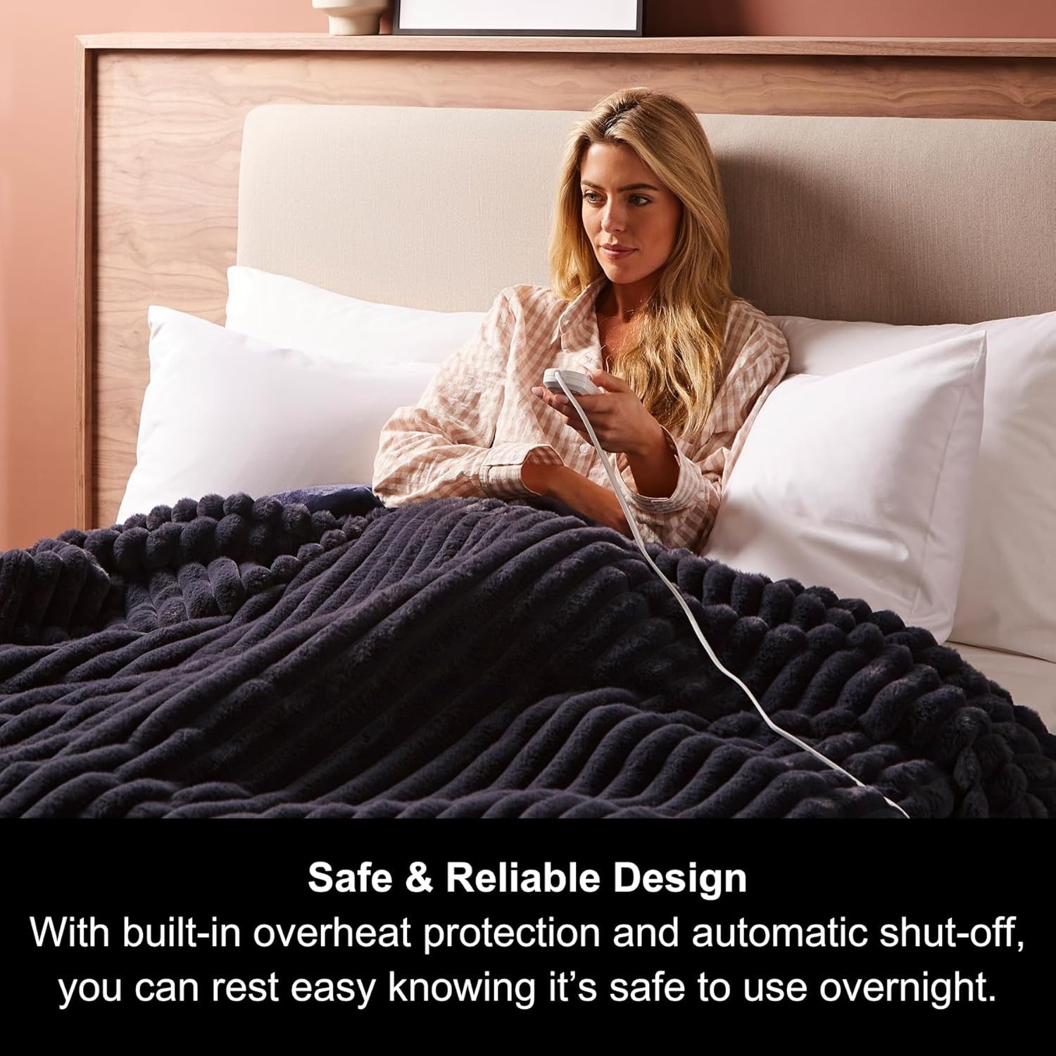 Electric Heated Throw Blanket 200x180cm Teddy Fleece 9 Heat Navy Striped