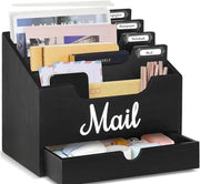 Black Wood Desktop Mail Organizer with 4 Compartments & Drawer