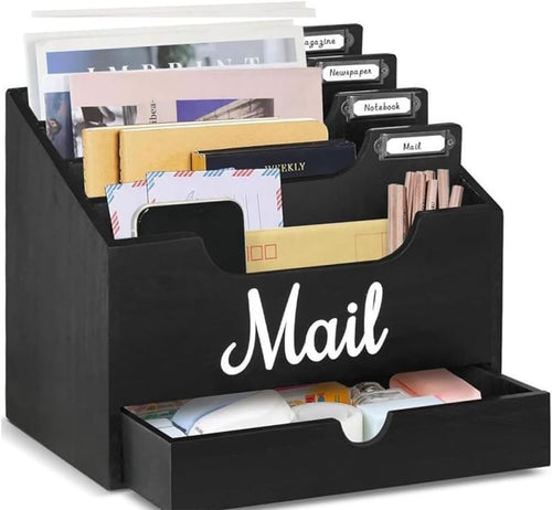 Black Wood Desktop Mail Organizer with 4 Compartments & Drawer