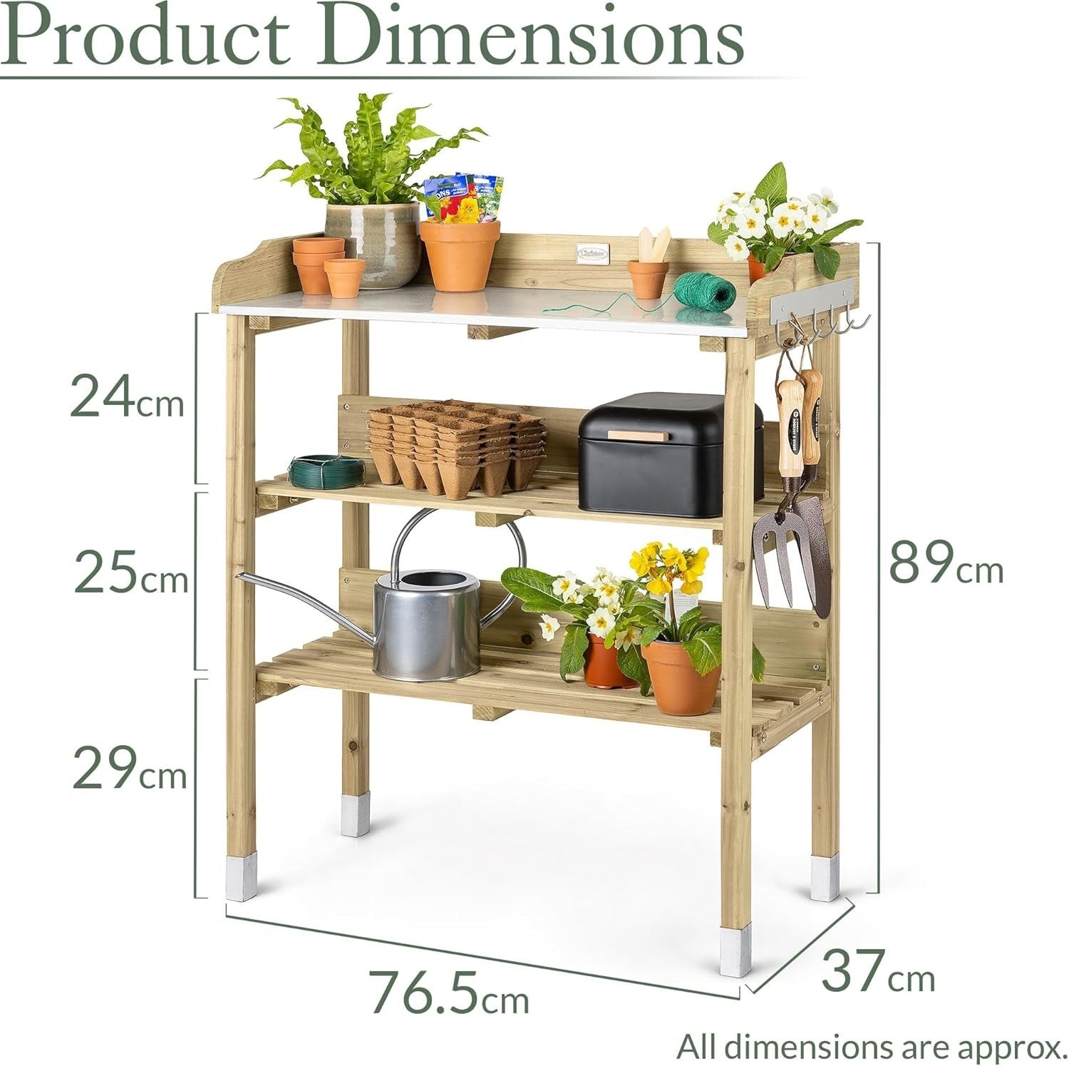 Wooden Garden Potting Table Bench Aluminium Top Shelves Hooks Outdoor