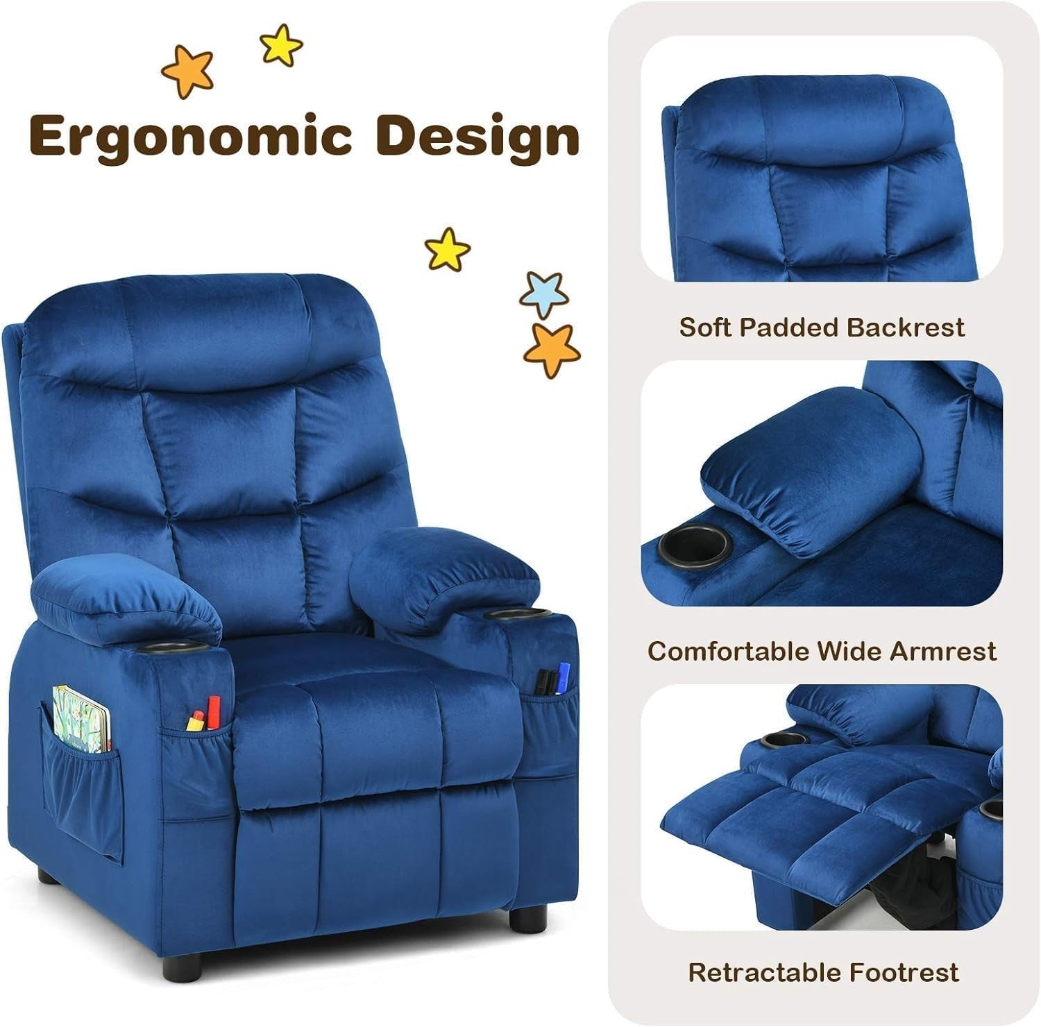 Adjustable Kids Recliner Chair Blue w/ Footrest, Velvet, Cup Holders & Storage