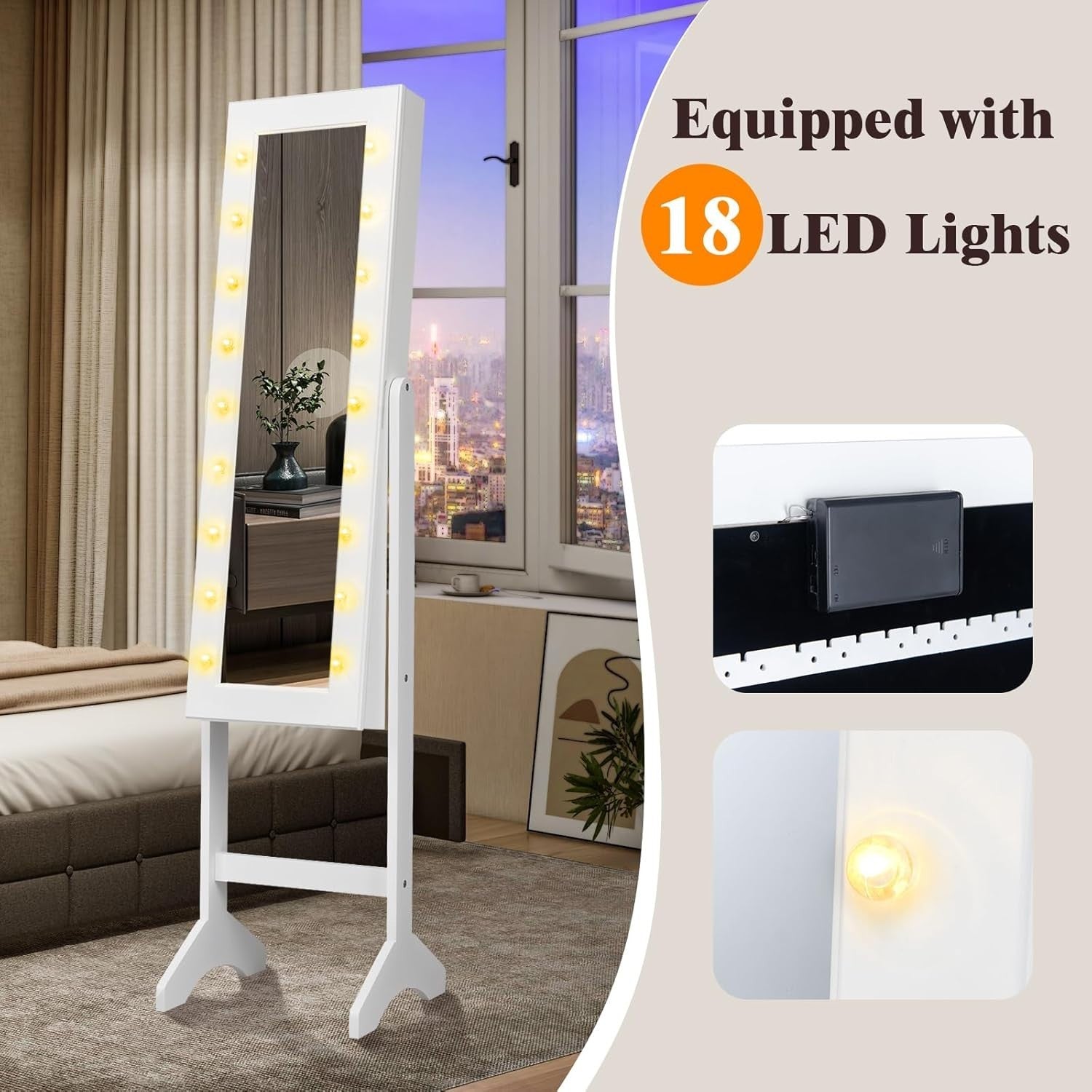 LED Full Length Mirror Jewelry Armoire Adjustable Standing Storage White