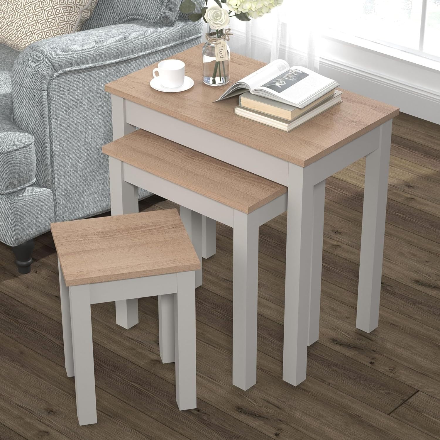 Space Saving Nesting End Tables 3 Piece Light Grey/Oak Engineered Wood