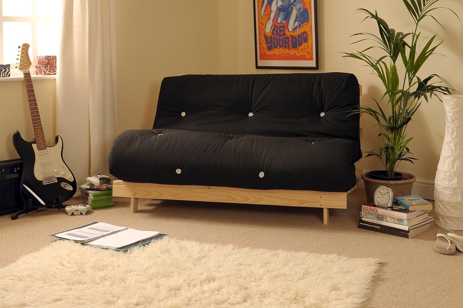 Black 4ft6 Double Futon Sofa Bed with Wooden Frame – Tufted Mattress