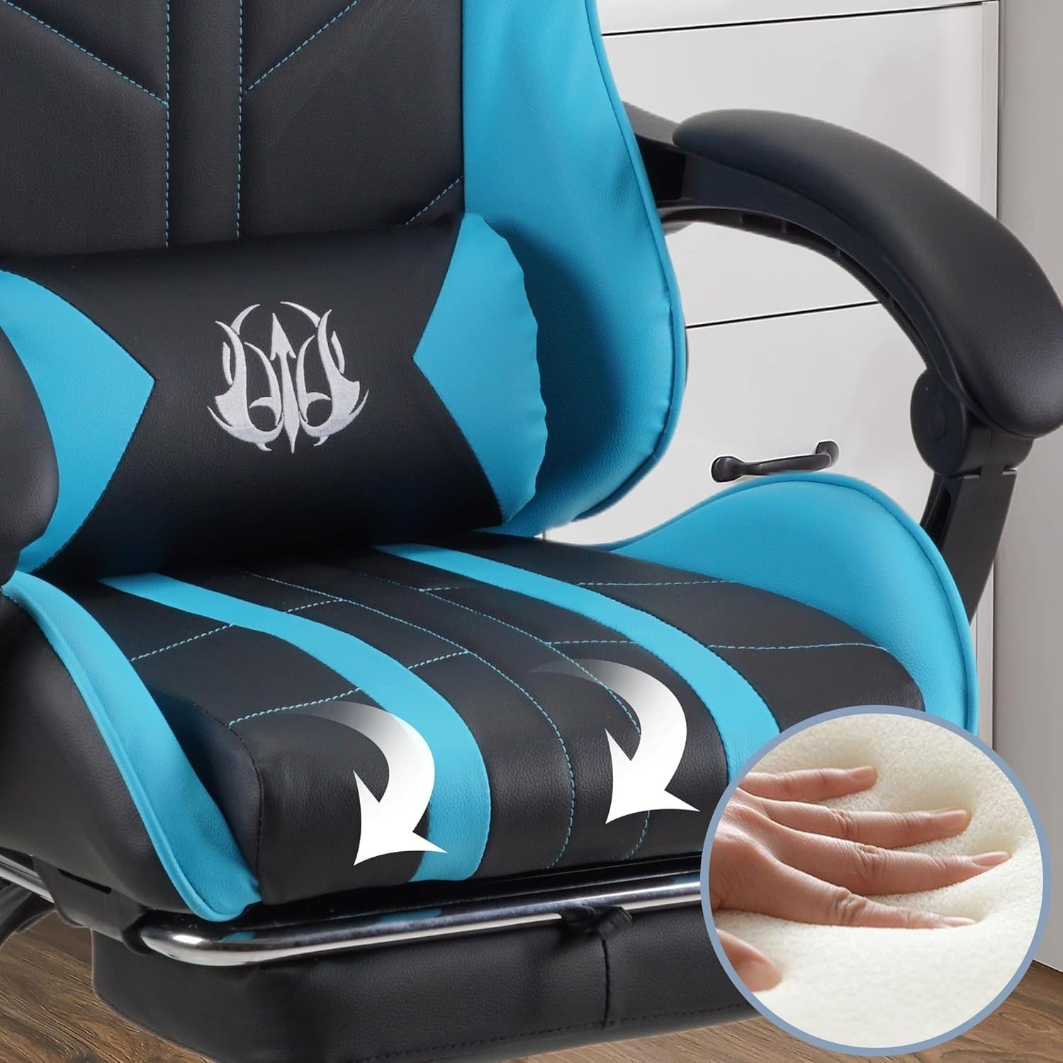 Ergonomic Gaming Chair Office Desk Chair Retractable Footrest Cyan PU Leather