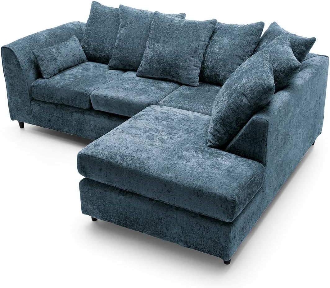 Dark Blue Chenille Corner Sofa Right – Modern L Shape Couch for Living Room