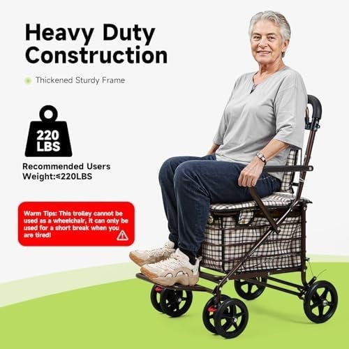 Walk & Rest Shopping Trolley with Seat 27L Foldable 4 Wheel Brakes