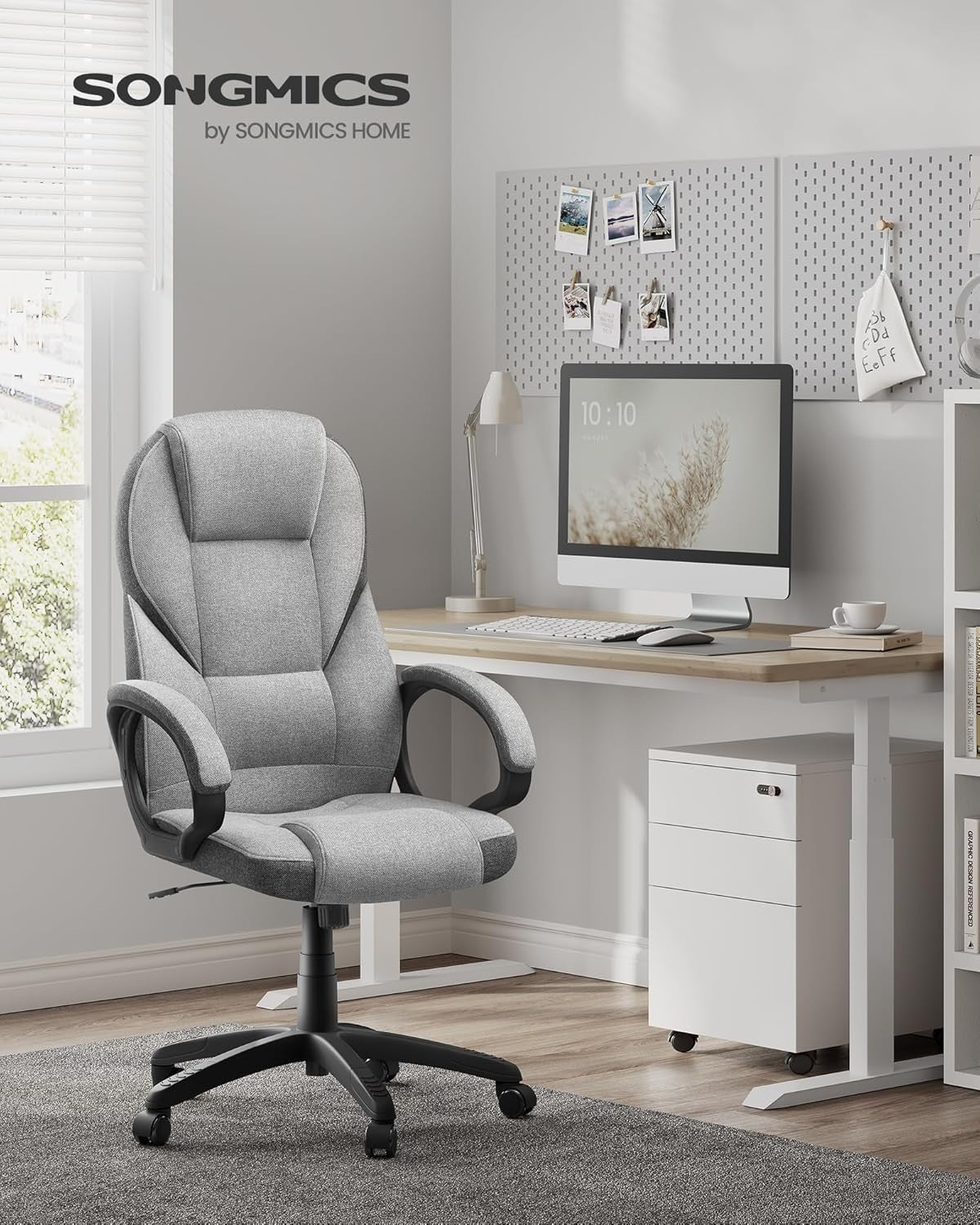 Ergonomic Office Chair Dove Grey Linen Fabric Adjustable Swivel Desk Seat