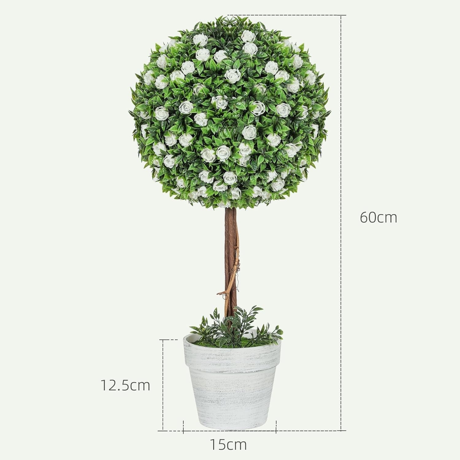 60cm Artificial Rose Ball Topiary Trees Set of 2 in White Pot Home Garden Decor