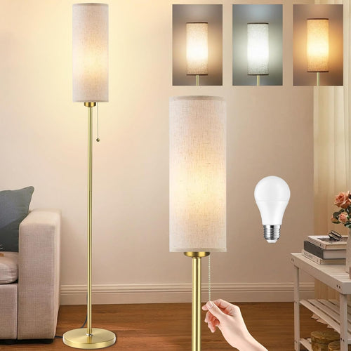 Gold Linen Floor Lamp Standing Light 3 Colour Temperatures LED Pull Chain