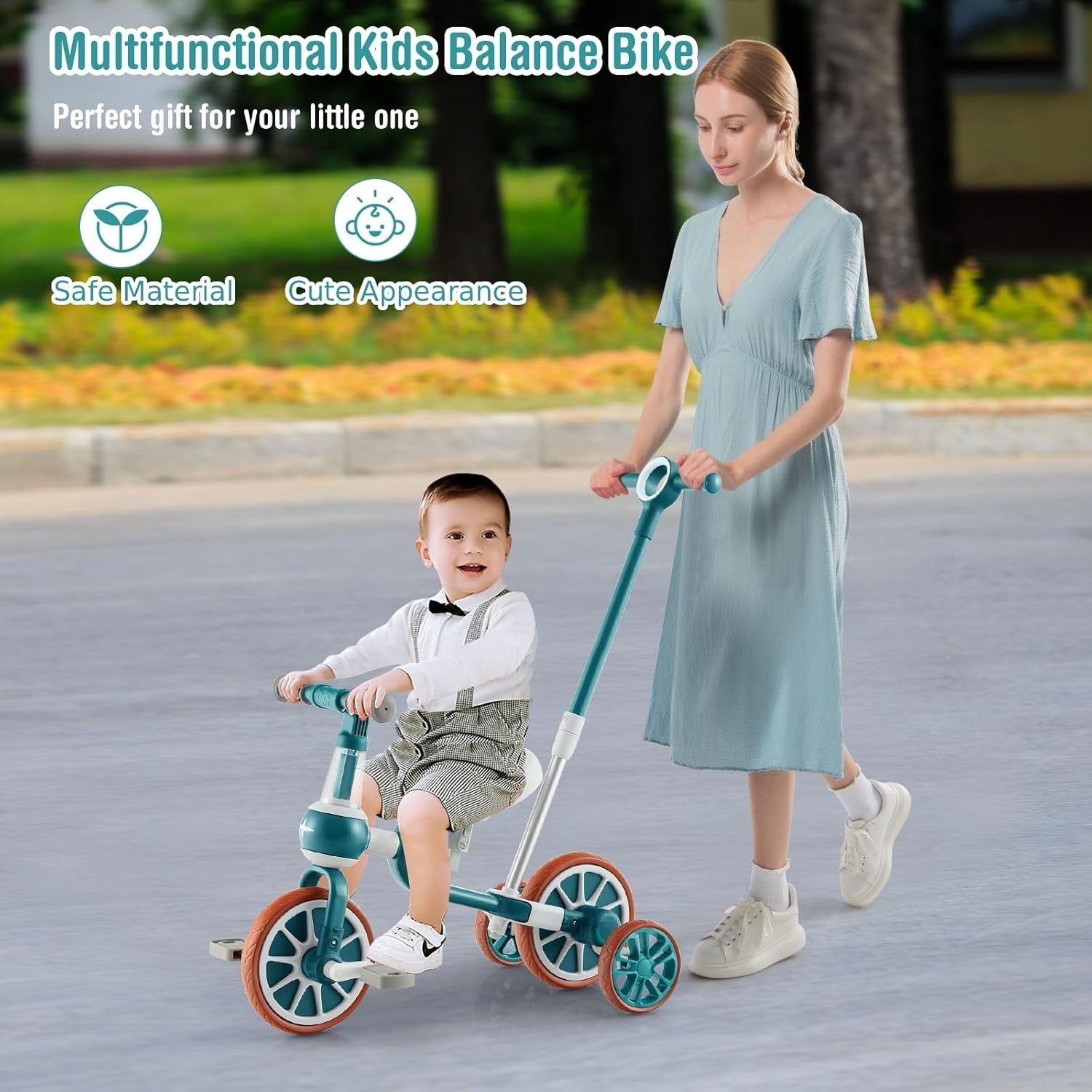 4 in 1 Kids Trike Balance Bike Push Tricycle Adjustable Handle Green
