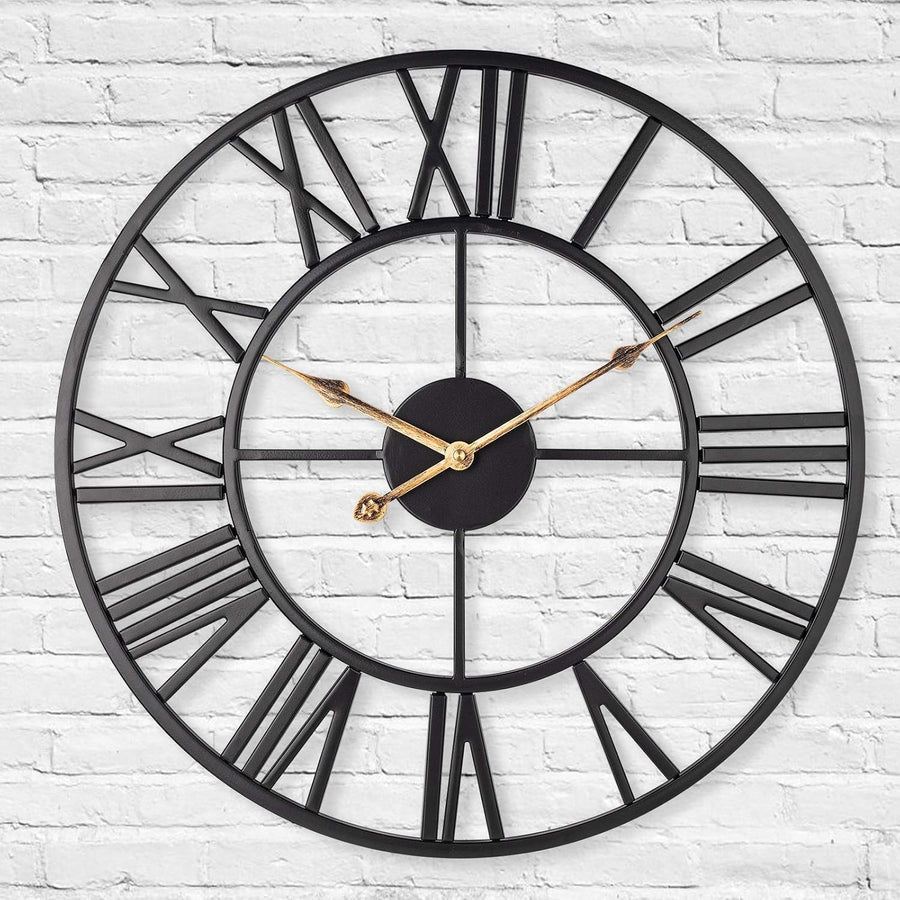 40cm Metal Skeleton Wall Clock Black Roman Numeral Silent Vintage Decor