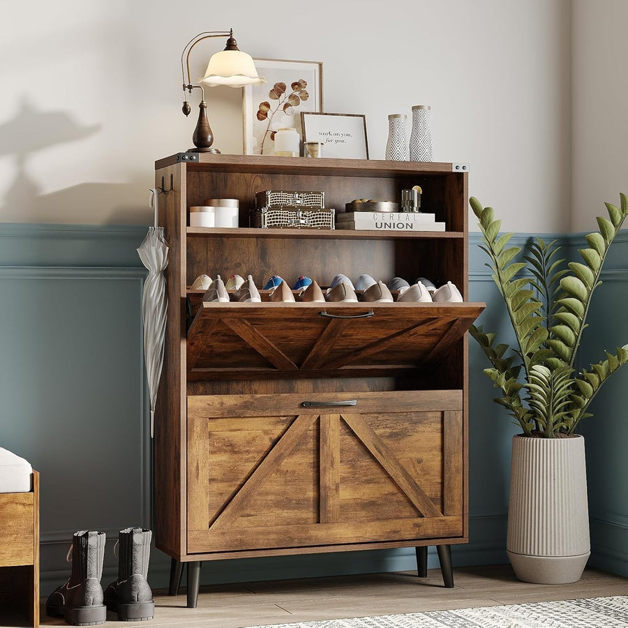 Slim Shoe Cabinet with 2 Flip Drawers & Adjustable Shelves, Narrow Hallway Stora