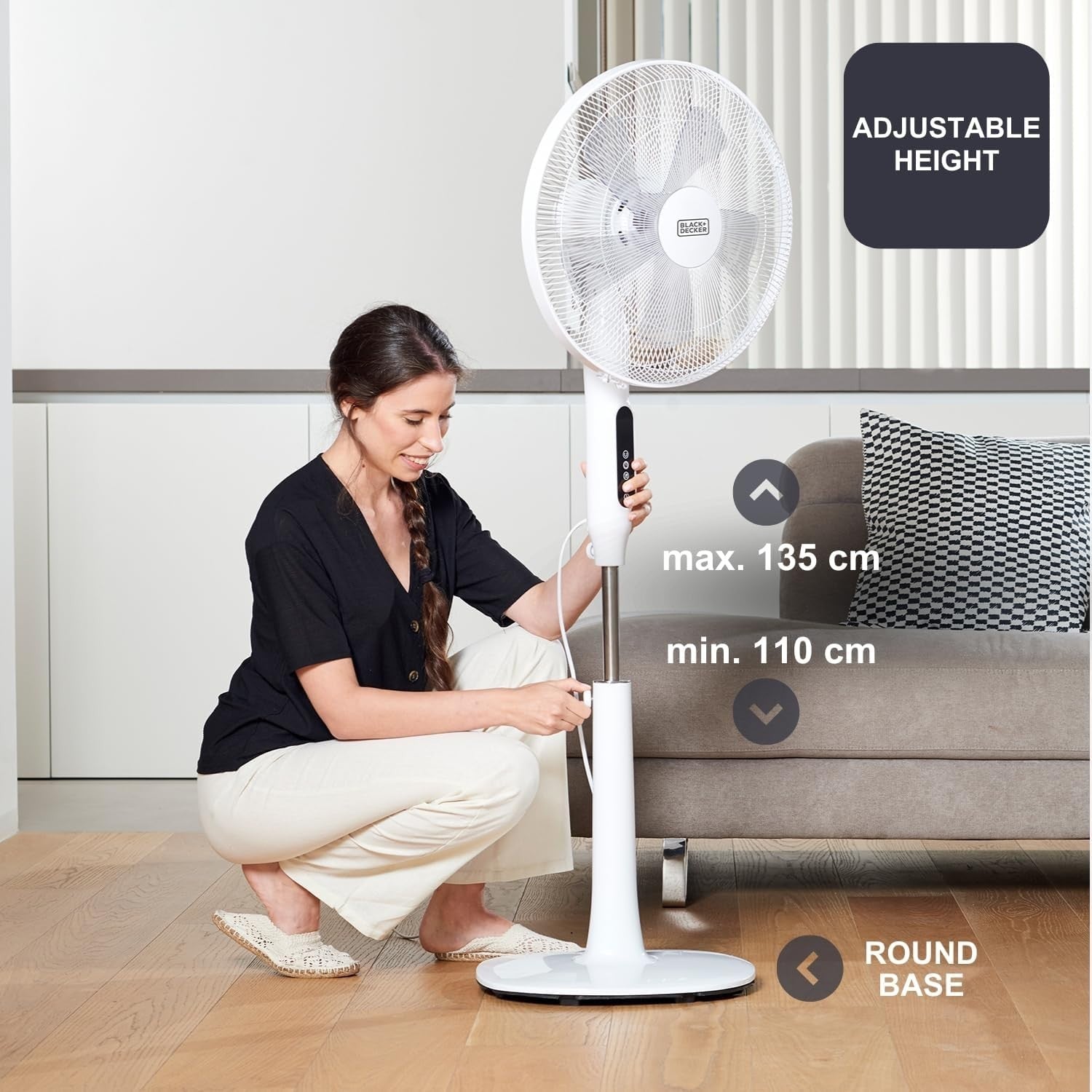 Adjustable Standing Fan – 110–135cm Height 3-Speed Remote w/ Timer Quiet 50W Air