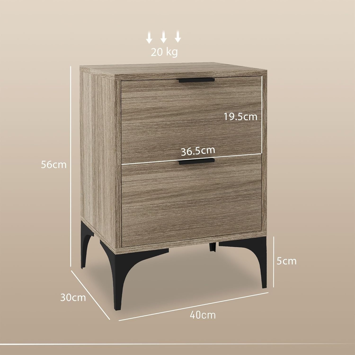 Set of 2 Modern Bedside Tables with 2 Drawers Grey Wood & Black Steel Legs