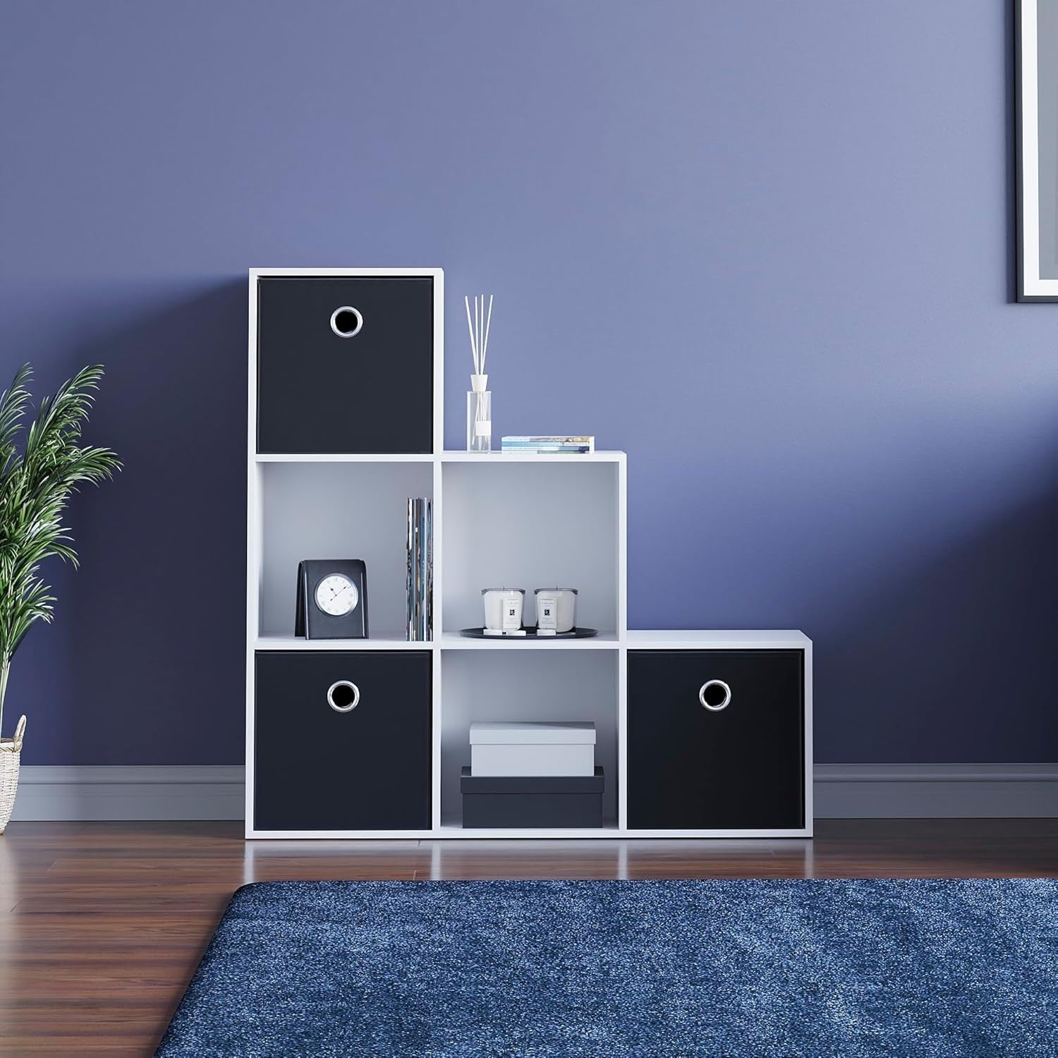 6 Cube White Staircase Storage Bookcase with 3 Black Baskets – Modern Organizer