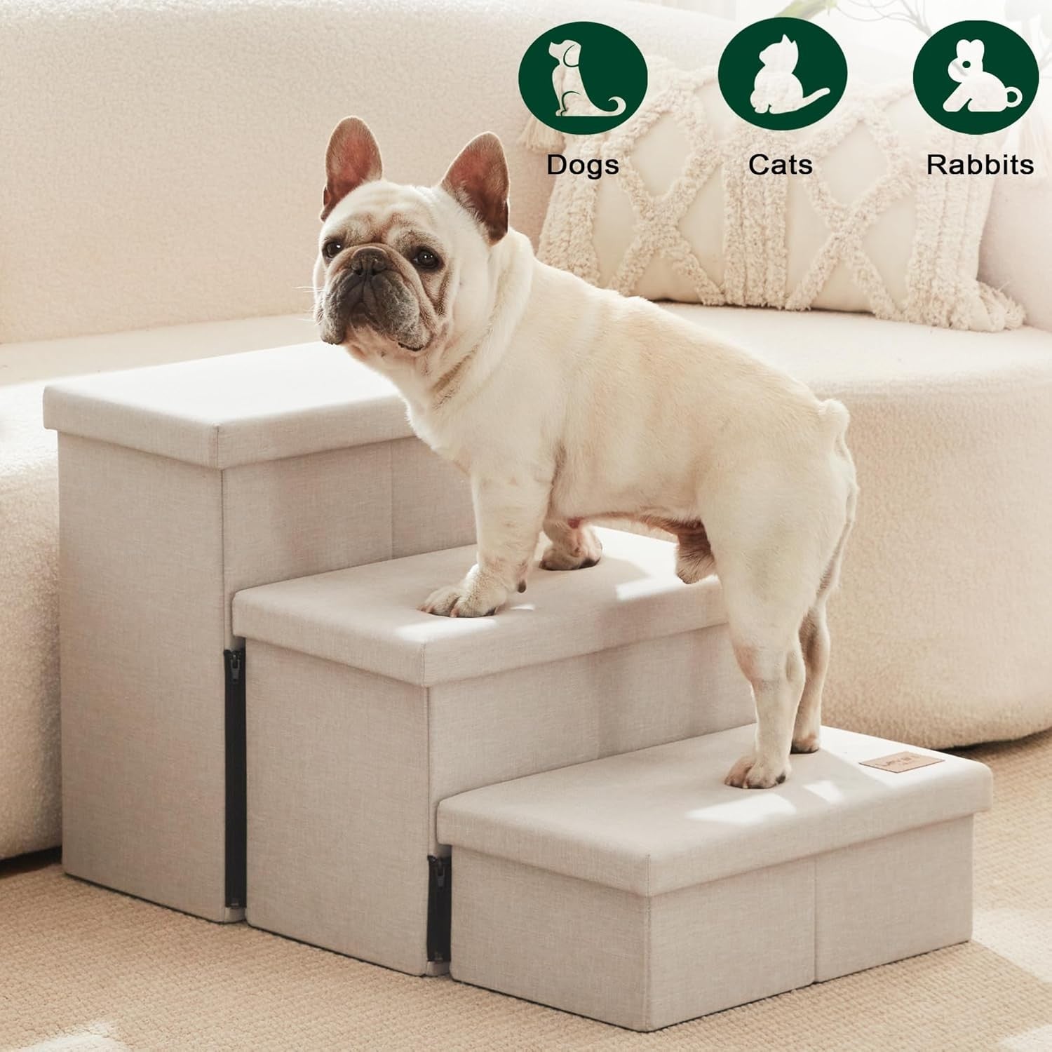 Dog Stairs 3 Step with Storage 18" High Foldable Pet Steps Beige