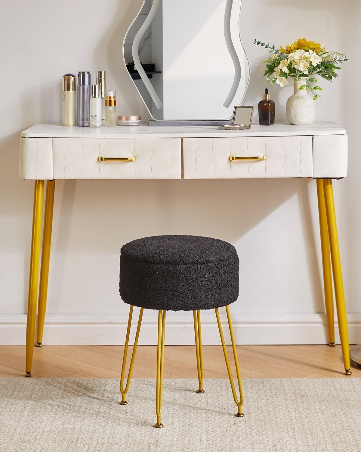 Black Teddy Velvet Storage Footrest Stool – Vanity Ottoman with Golden Legs