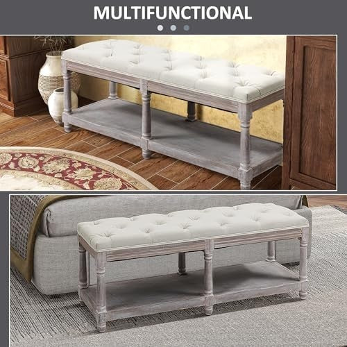 Cream White Upholstered Bed End Bench with Shelf, Tufted Seat Storage