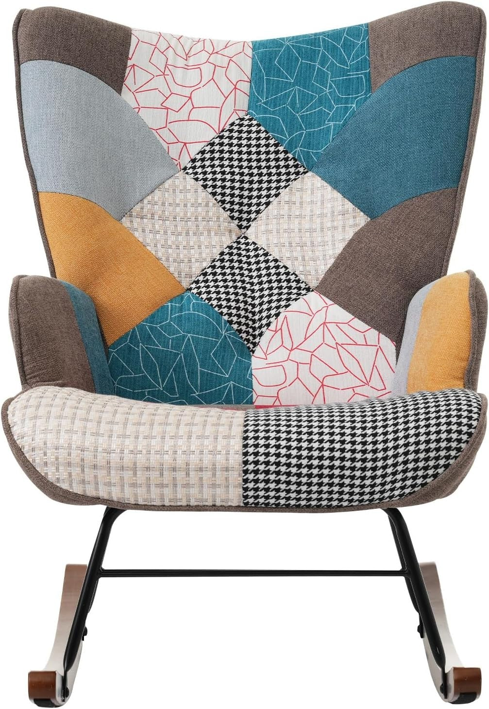 Modern Rocking Chair w/ Footstool, Patchwork, Foam Seat, Iron + Wood Base