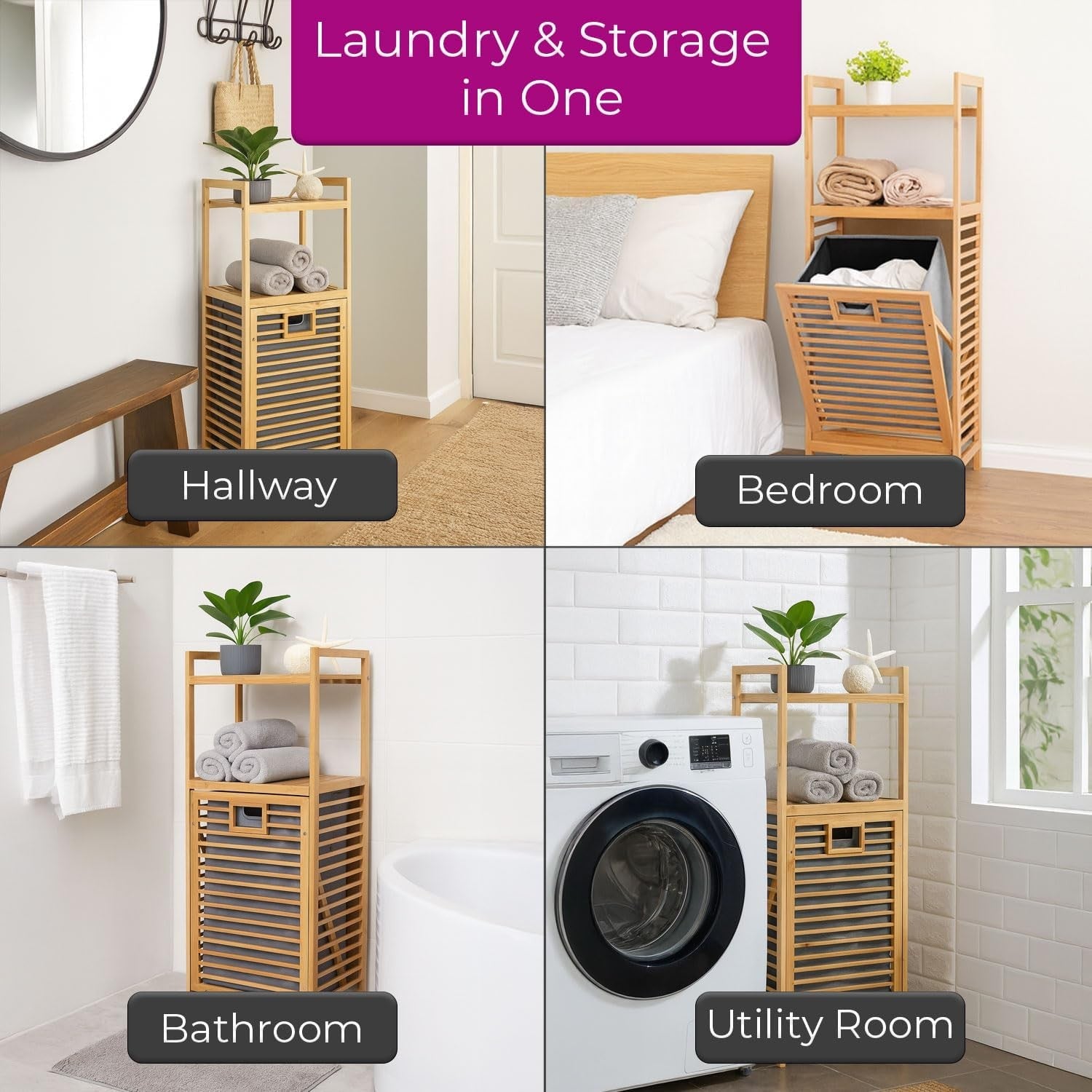Bamboo Laundry Hamper Tilt Out Basket with Shelves Bathroom Storage Unit Descri