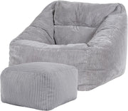 Grey Cord Bean Bag Chair with Footstool Lounge Sofa Adult Seat Filled