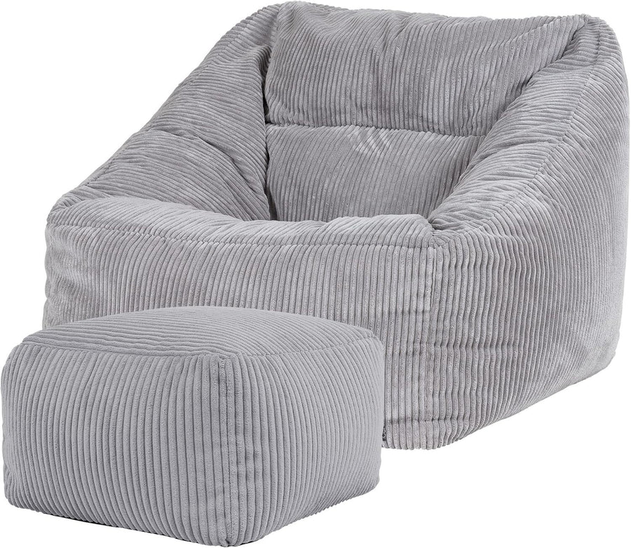 Grey Cord Bean Bag Chair with Footstool Lounge Sofa Adult Seat Filled