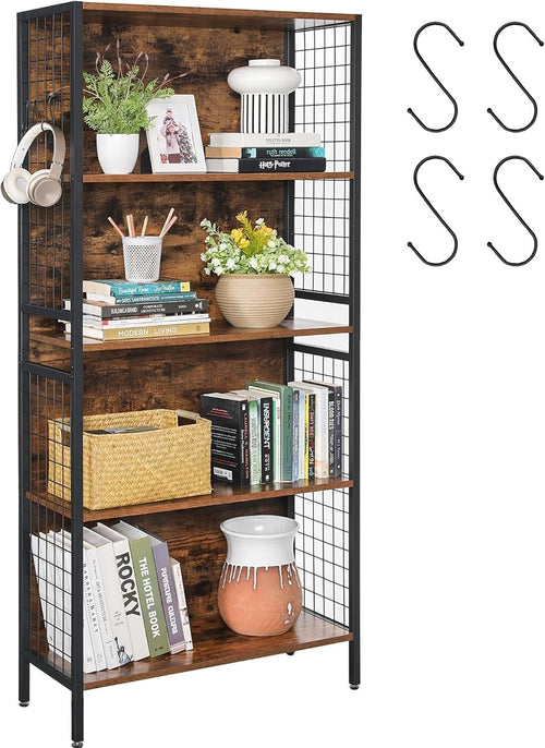 Rustic 5-Tier Industrial Bookcase Storage Shelf – Metal Frame, 4 Hooks, 155cm