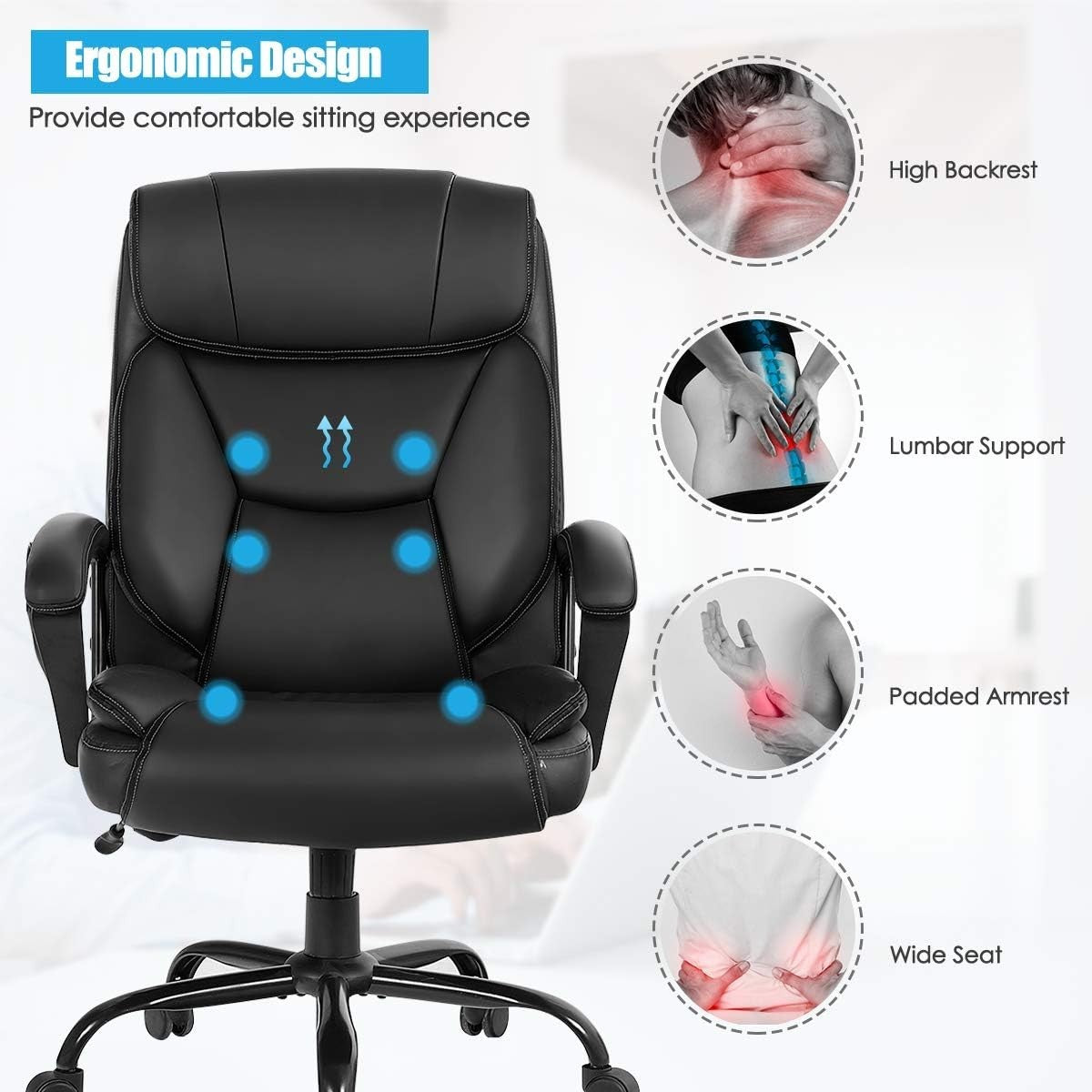Big & Tall Massage Office Chair 500lbs PU Leather Recline Swivel Ergonomic