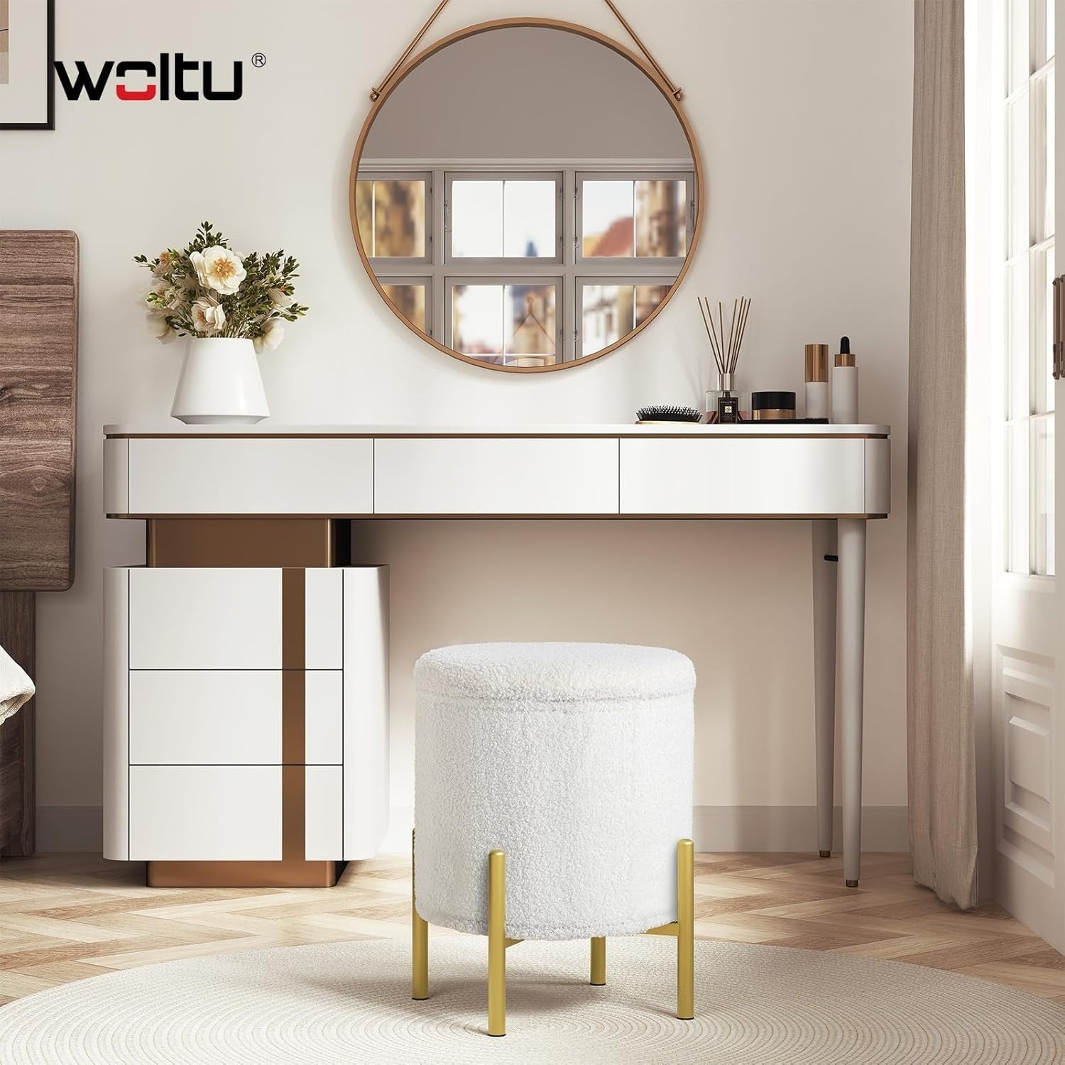 White Teddy Fleece Ottoman Stool with Storage Round Folding Seat 41cm