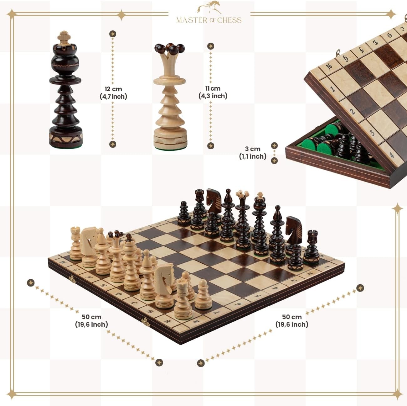 50cm Large Wooden Chess Set – Handcrafted Folding Board & Elegant Pieces