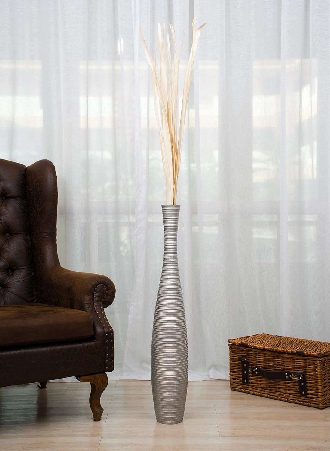 Large Silver Floor Vase 85cm Tall Wooden Decor for Pampas Grass