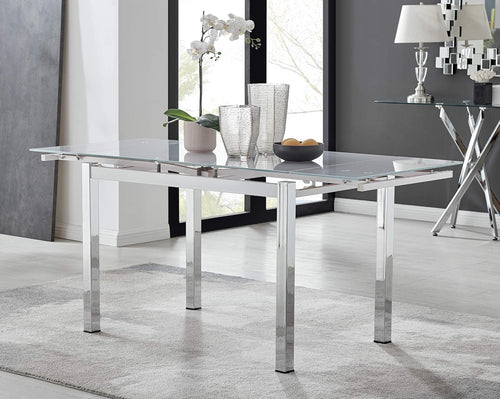 White Glass Extendable Dining Table Modern Chrome Legs 110–170cm Room