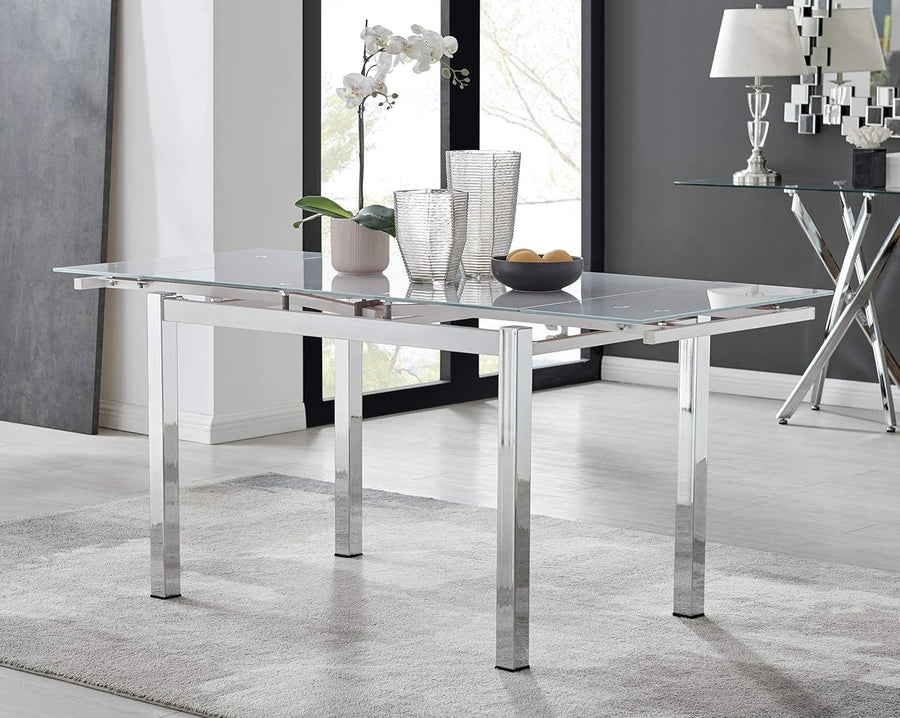 White Glass Extendable Dining Table Modern Chrome Legs 110–170cm Room