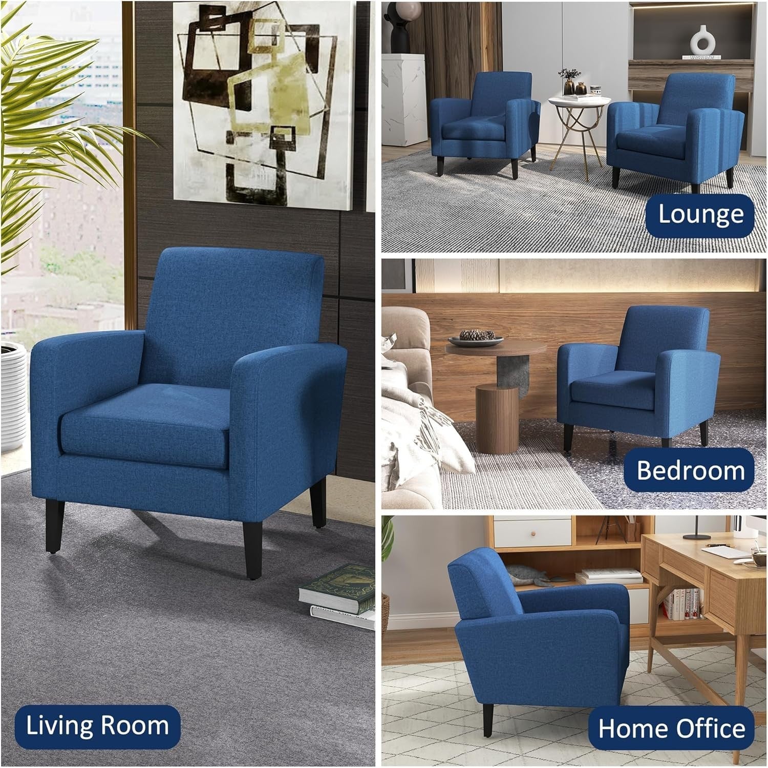 Modern Blue Linen Armchair with Spring Cushion, Wood Legs – Living Room Cozy