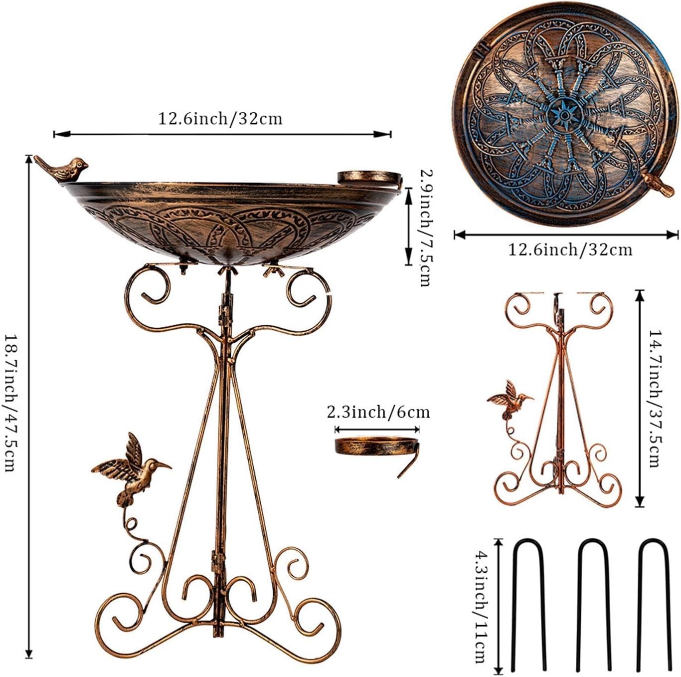 Elegant Bronze Bird Bath Feeder Garden Decor Heavy Duty Metal Tripod Base
