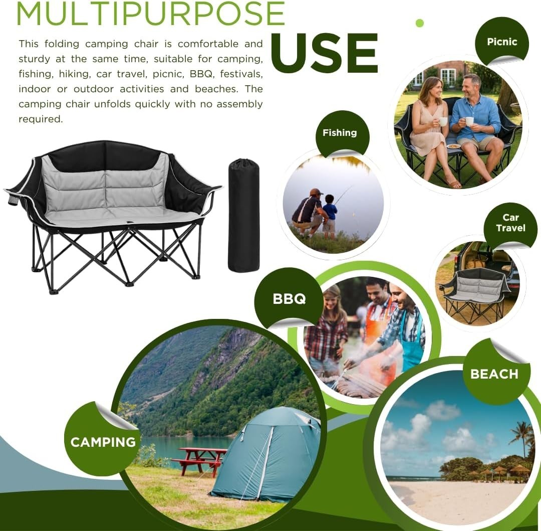 Double Folding Camping Chair | 2 Person Heavy Duty, Cup Holder, Portable