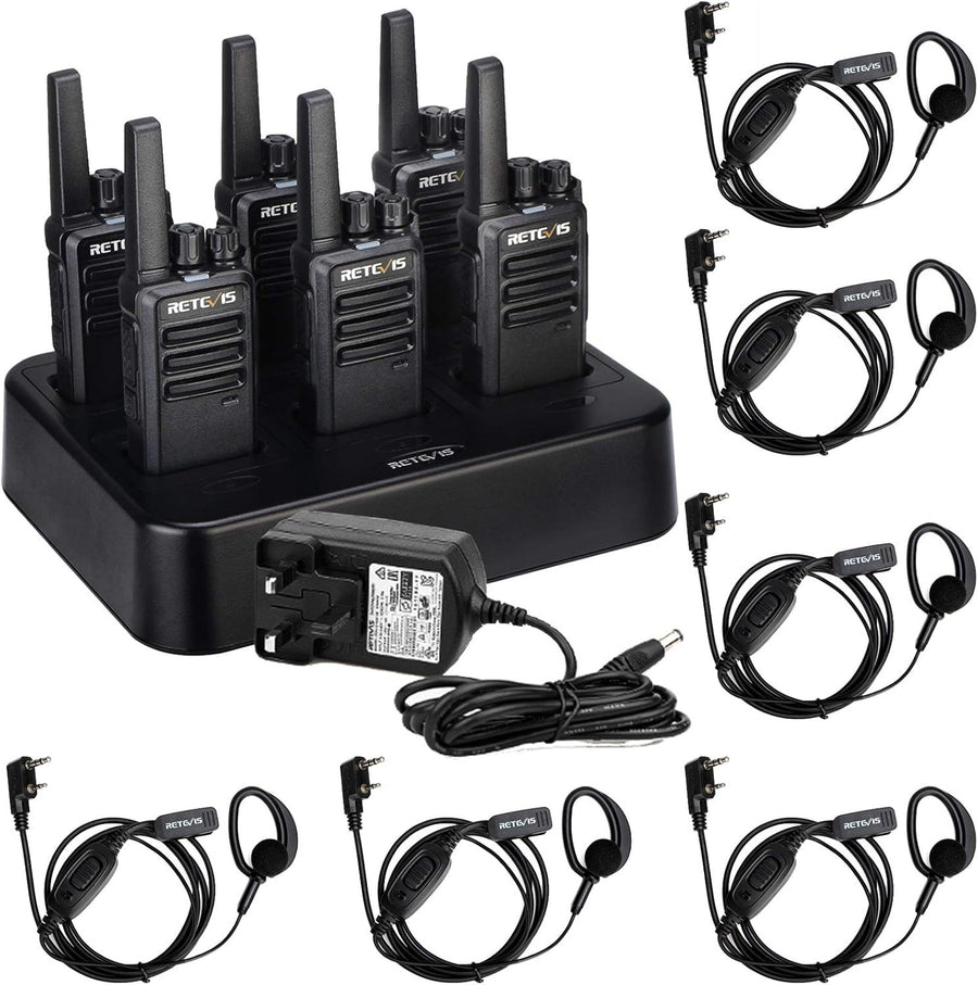 Rugged Walkie Talkies 6 Pack Long Range 2 Way Radio w/ Charger Earpiece